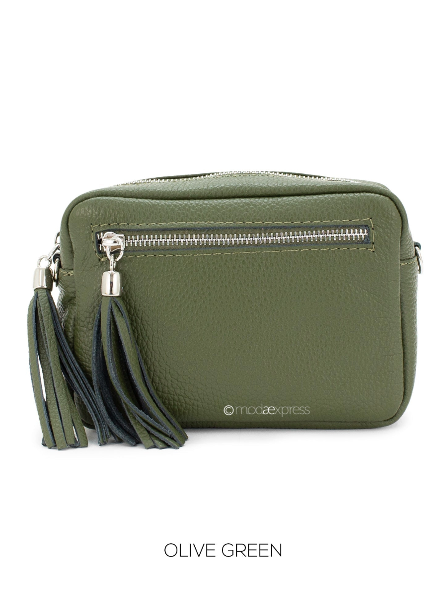 Rectangle Leather Tassel Bag in Olive Green with Adjustable Strap