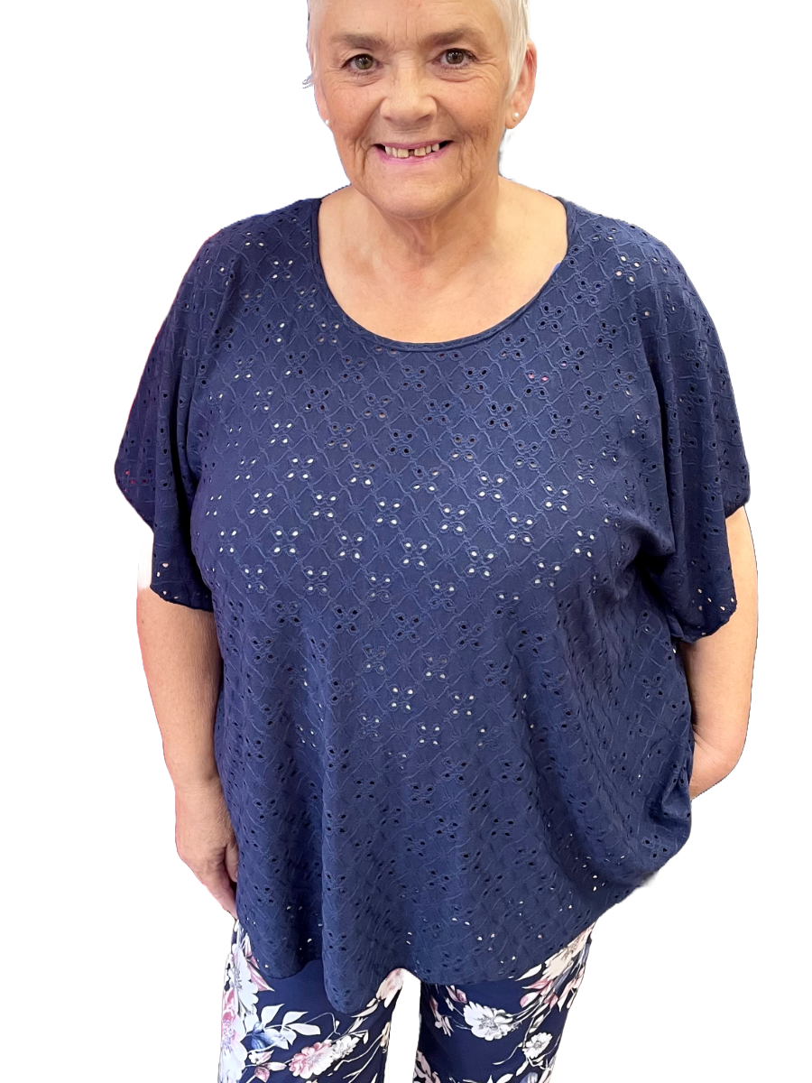 Round Neck Broderie Top in navy with short sleeves.