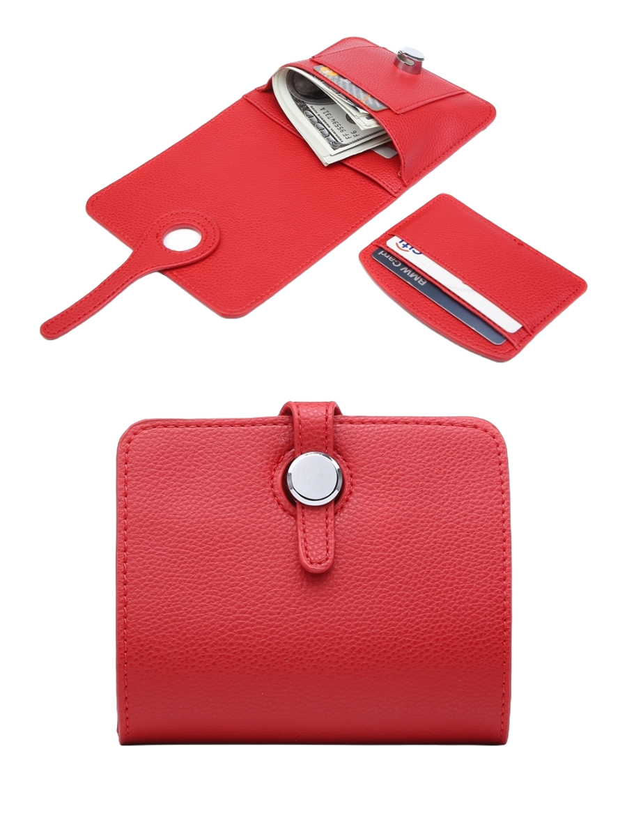 Small 2 in 1 purse card holder in red showing money and cards inside.