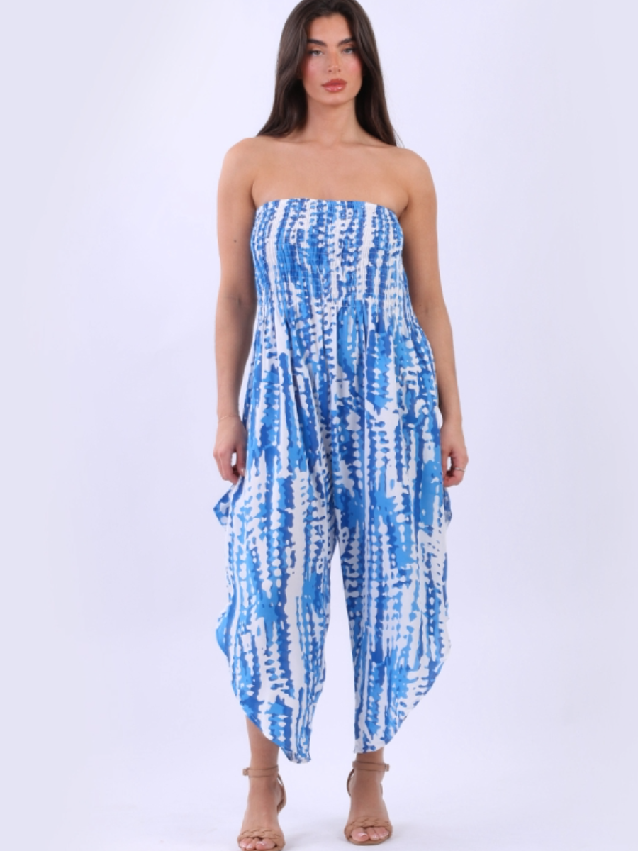 Tie Dye Bandeau Jumpsuit with smocked yoke and wide legs in blue and white print.