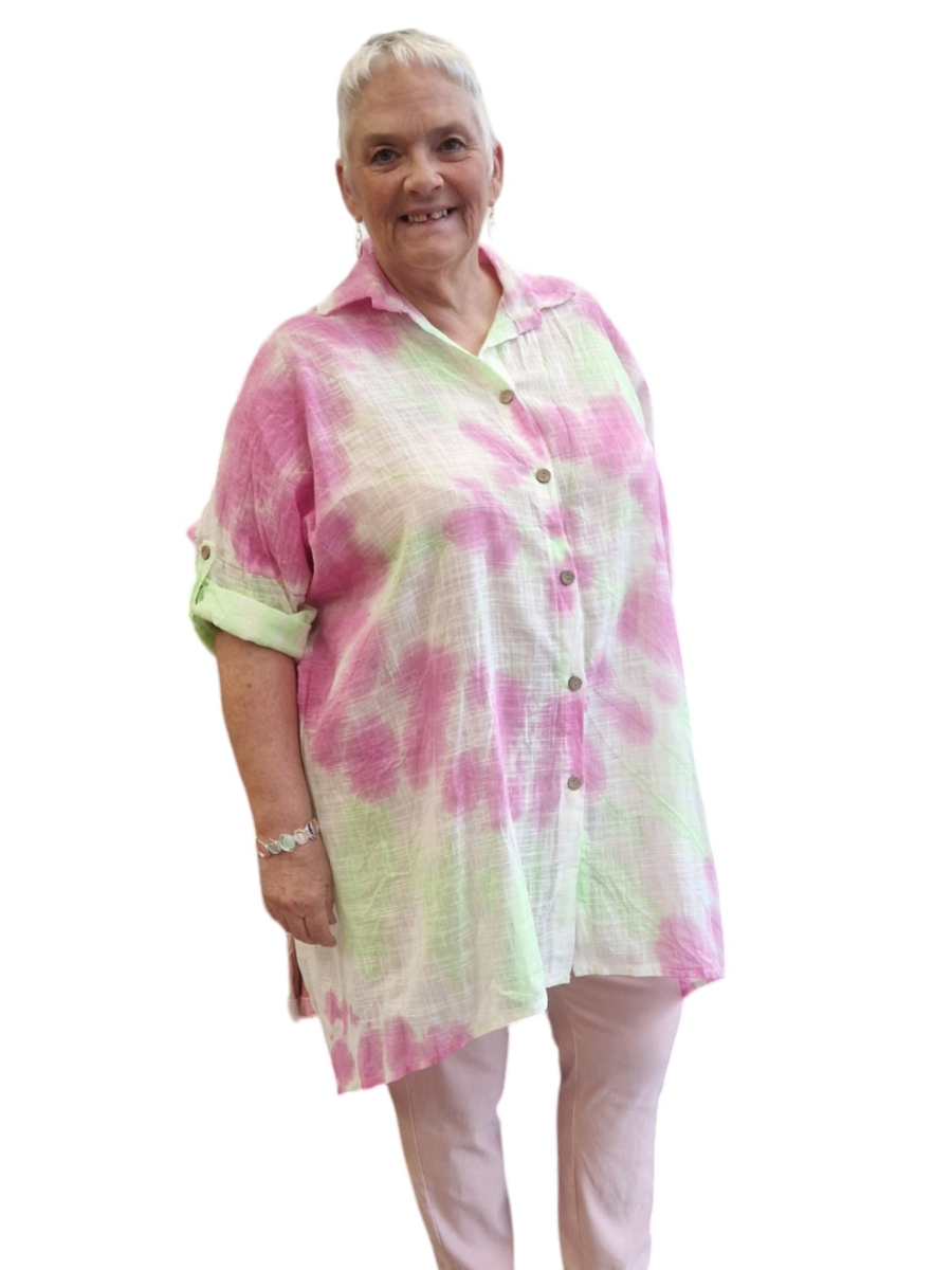 Tie Dye Cotton Shirt with pink and green pattern, 100% cotton.