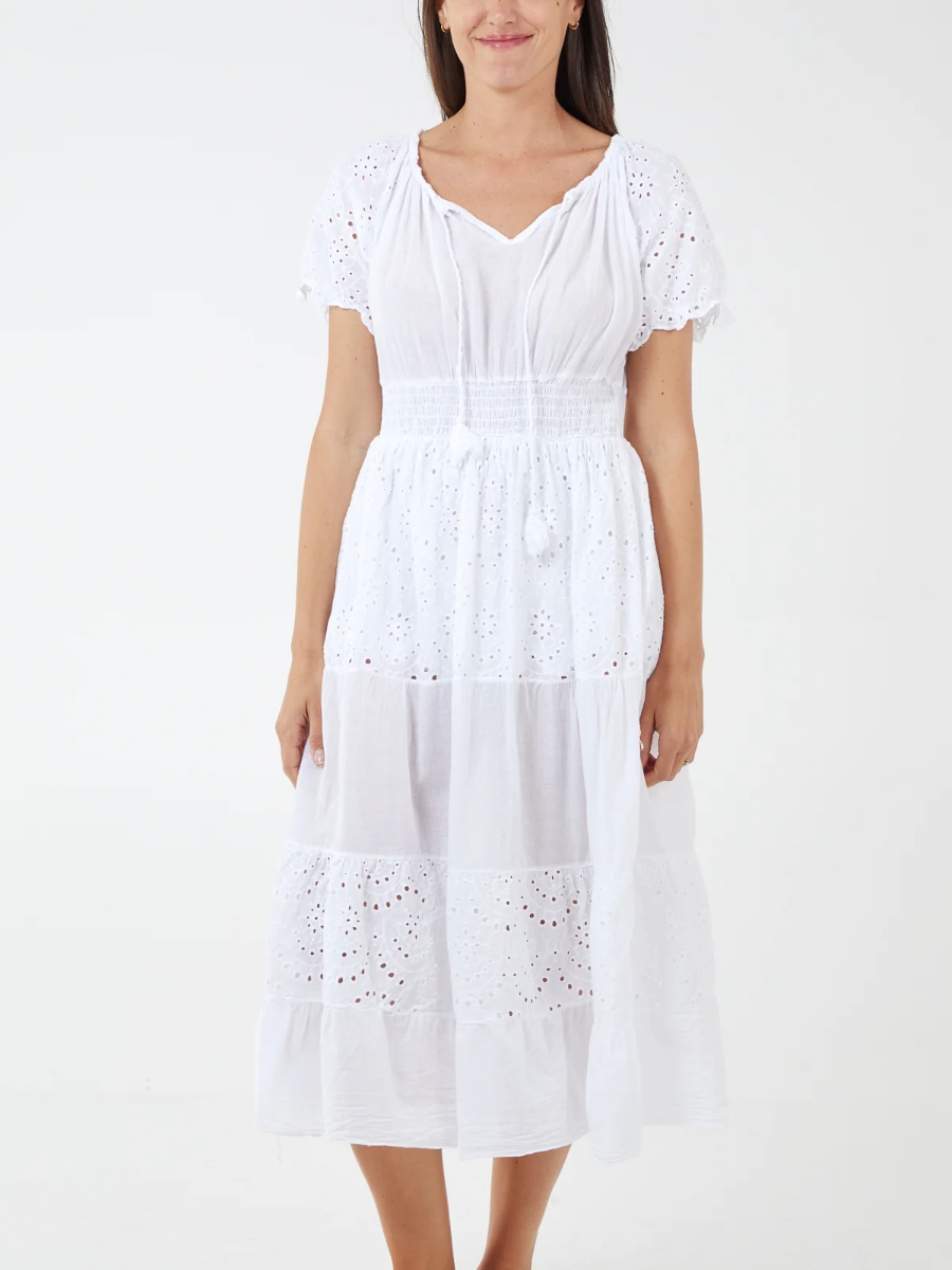 Tiered Broderie Anglaise Dress with shirred waist in white cotton.
