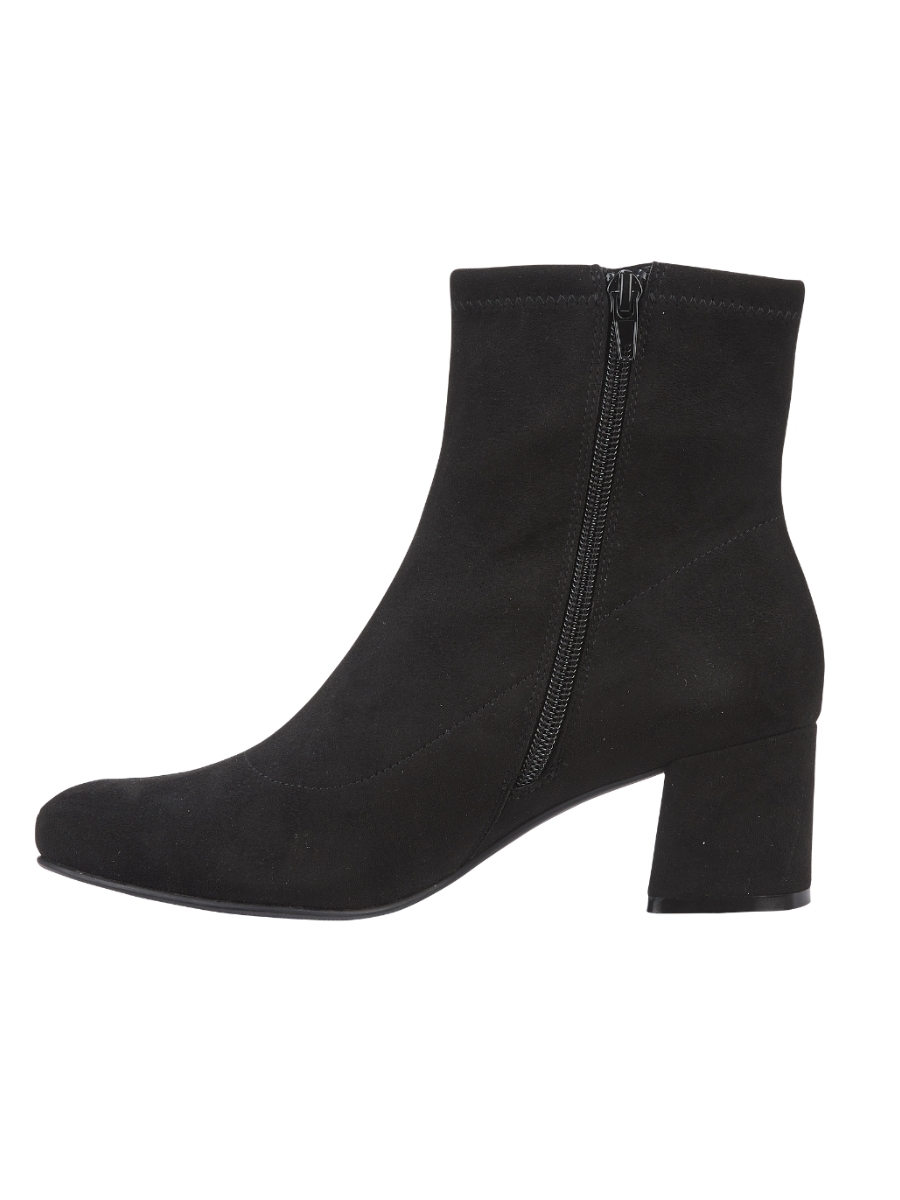 Ankle Boot - Ayda Mid Heel Soft Faux Suede Boot in Black showing side zip