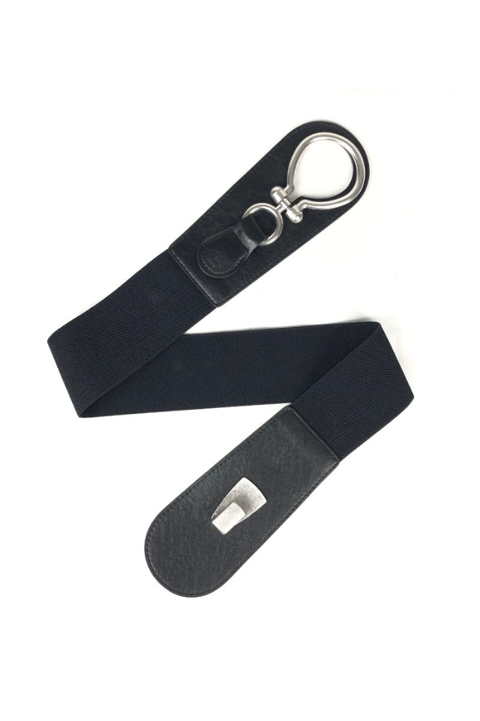 Black hook and eye stretch belt with silver tone hardware.