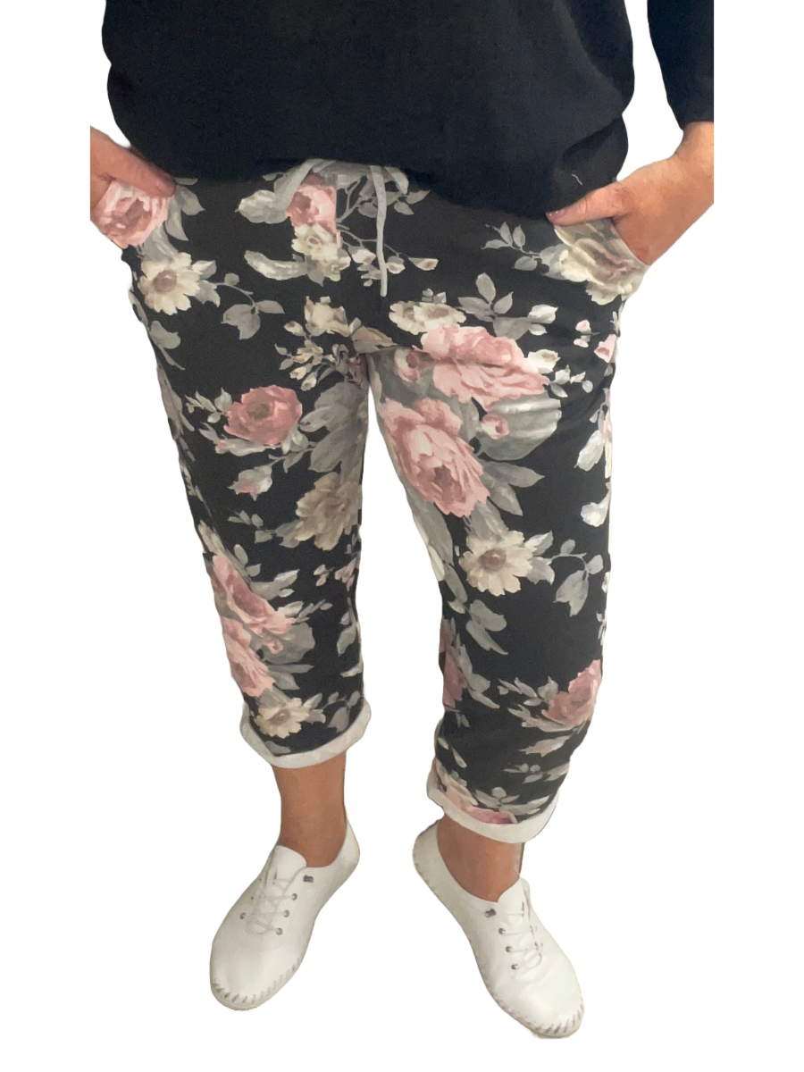 Cotton Trouser - Rose pattern with soft jersey waistband