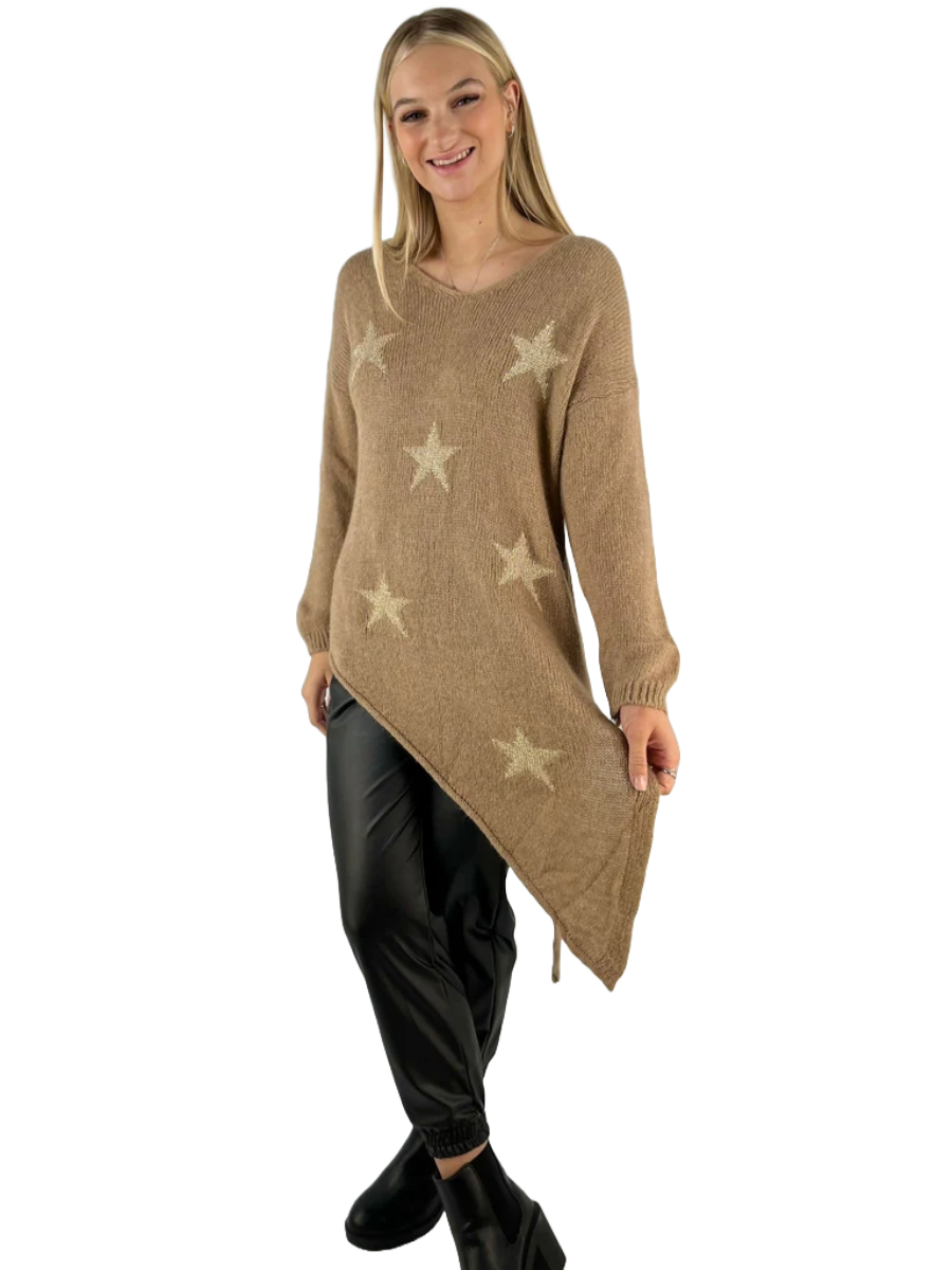 Asymmetric Star Jumper with bold star patterns and unique hem.