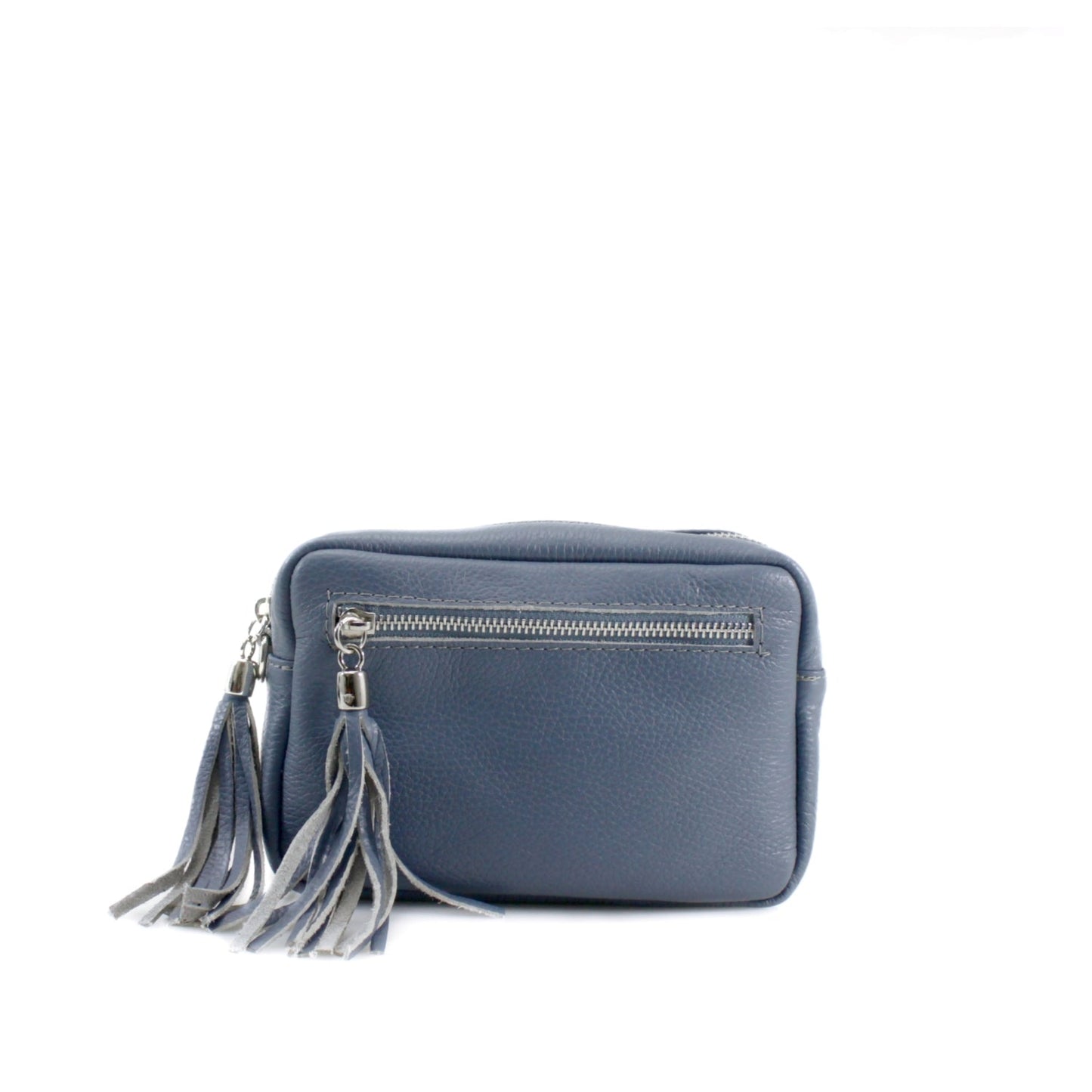 Rectangle Leather Tassel Bag with front pocket and adjustable strap.