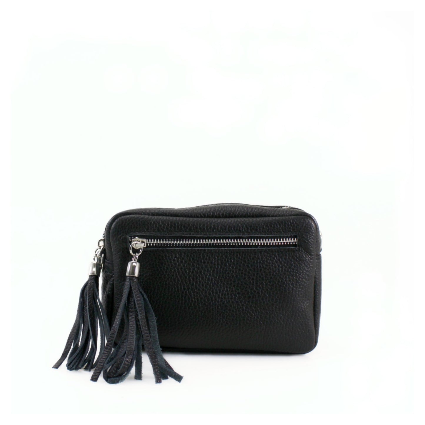 Rectangle Leather Tassel Bag in Italian leather with front pocket and adjustable crossbody strap.