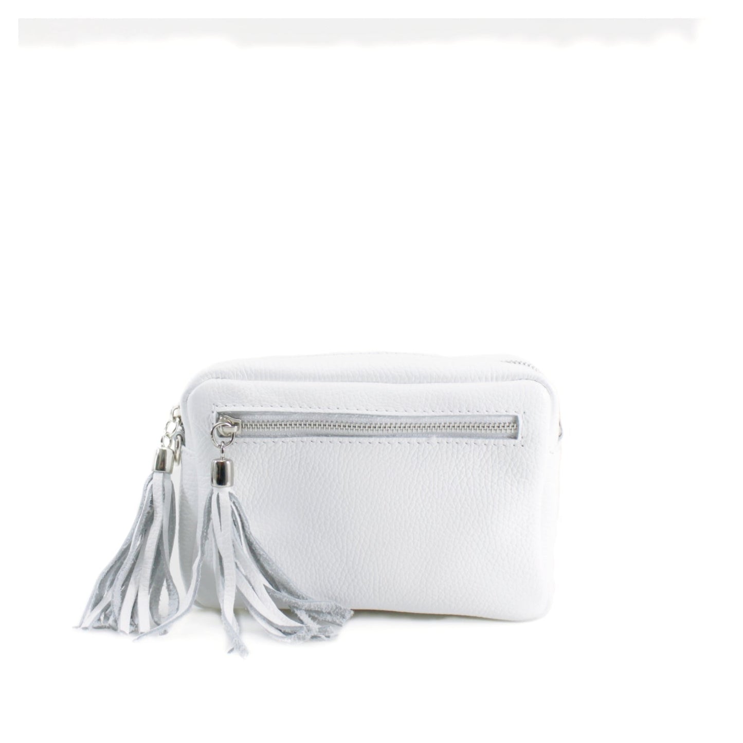 Rectangle Leather Tassel Bag, Italian leather crossbody with front pocket and adjustable strap.