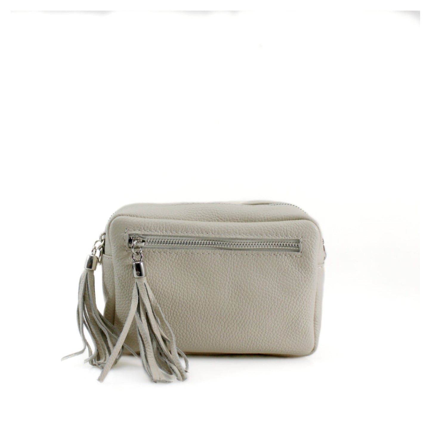 Rectangle Leather Tassel Bag in Italian genuine leather with front pocket and adjustable strap.