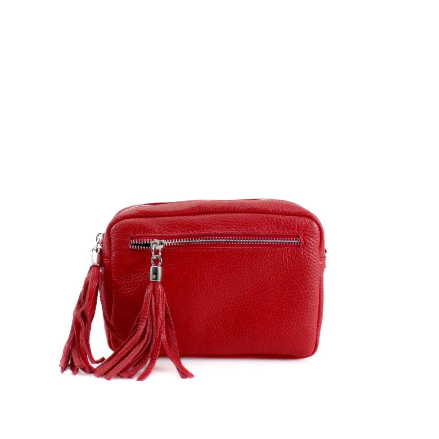 Rectangle Leather Tassel Bag with adjustable strap and front pocket.