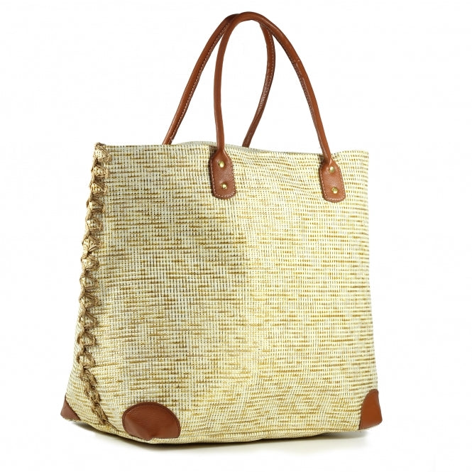 Large metallic woven Byron Beach Bag with faux leather straps and corner trim.