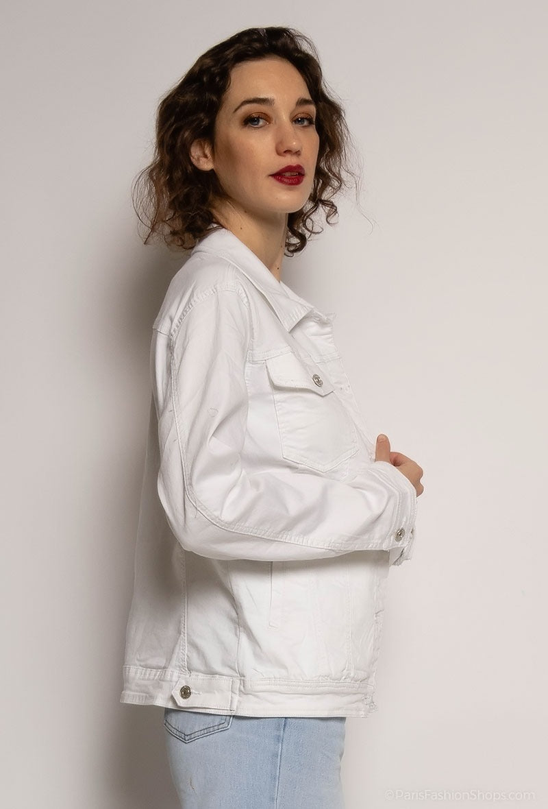 White denim jacket, 98% cotton, side profile view.