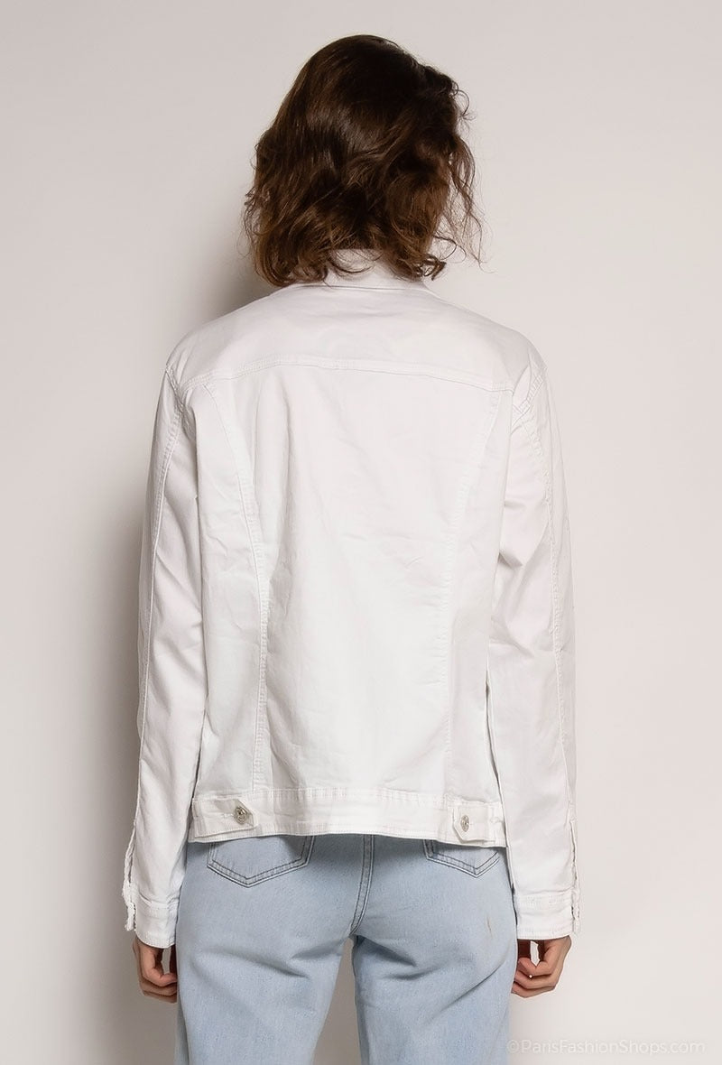 Back view of a white denim jacket, perfect for spring and summer outfits.