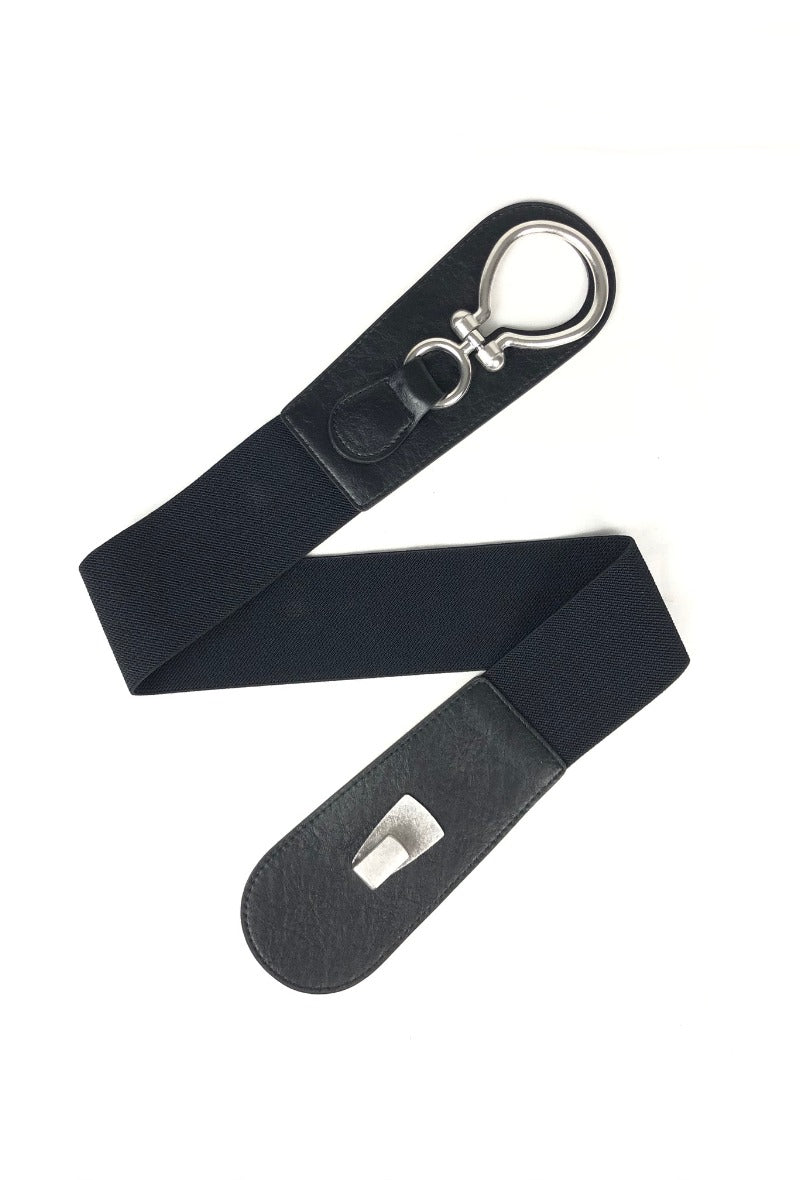 Black hook and eye stretch belt with silver hardware.
