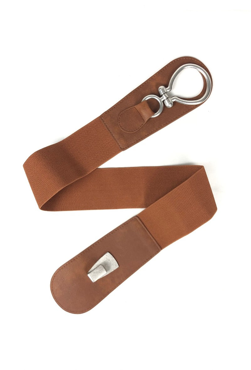 Brown hook and eye stretch belt with silver tone hardware.