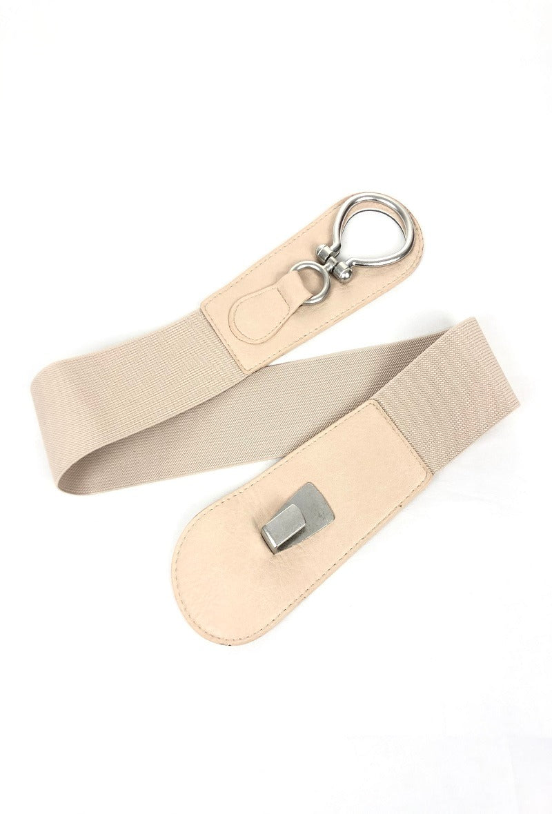 Eye stretch belt with silver hardware, versatile for sizes 8-22.