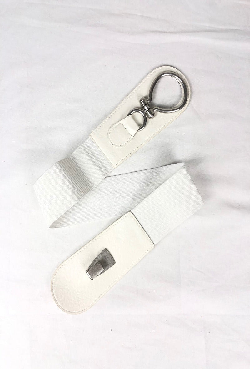 White hook and eye stretch belt with silver tone hardware.
