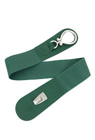 Green hook and eye stretch belt with silver tone hardware.