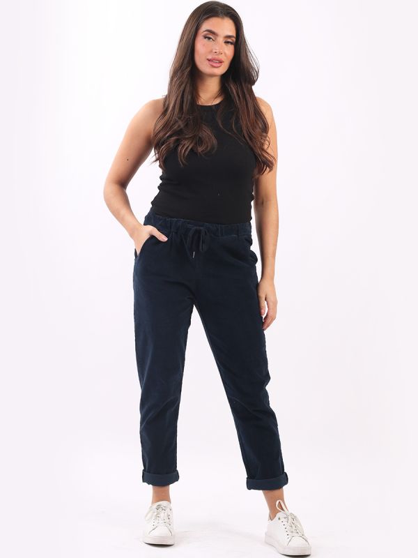 Cotton Corduroy Trousers with elastic waist and drawstring, featuring side and back pockets.