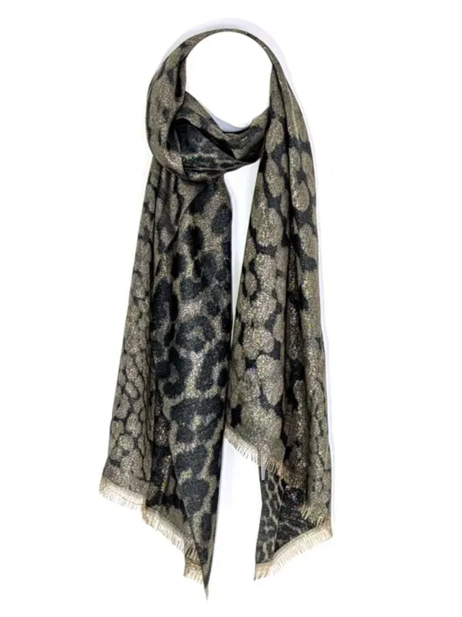 Metallic Animal Luxe Scarf with shiny animal pattern and textured design.