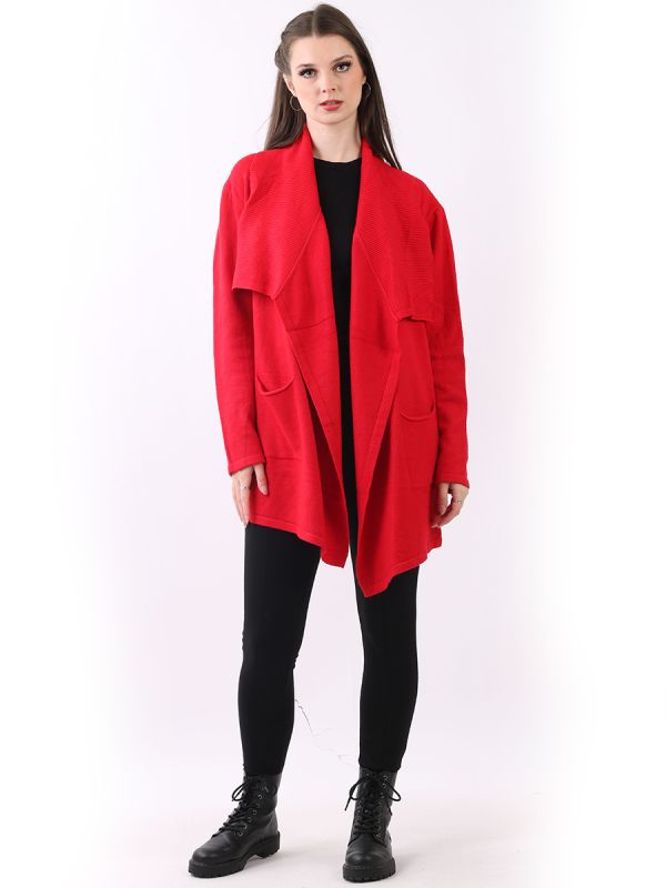 Red waterfall lagenlook cardigan with cascading front worn by model.