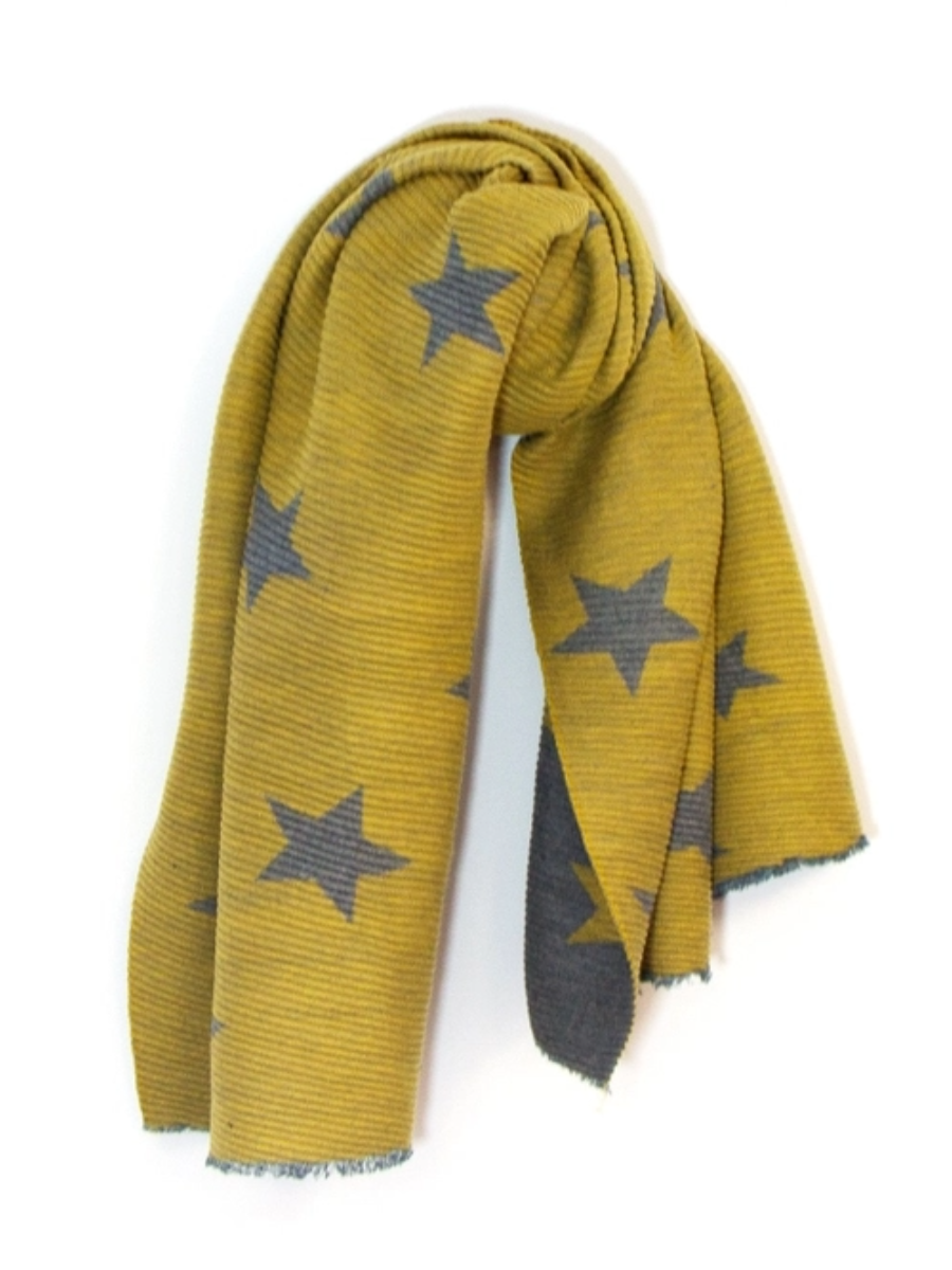 Pleated Star Scarf with textured folded design and reversible colors, 100% polyester.