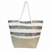 Dorset Beach Bag with distressed grey stripes, canvas body, and cotton braided handles.