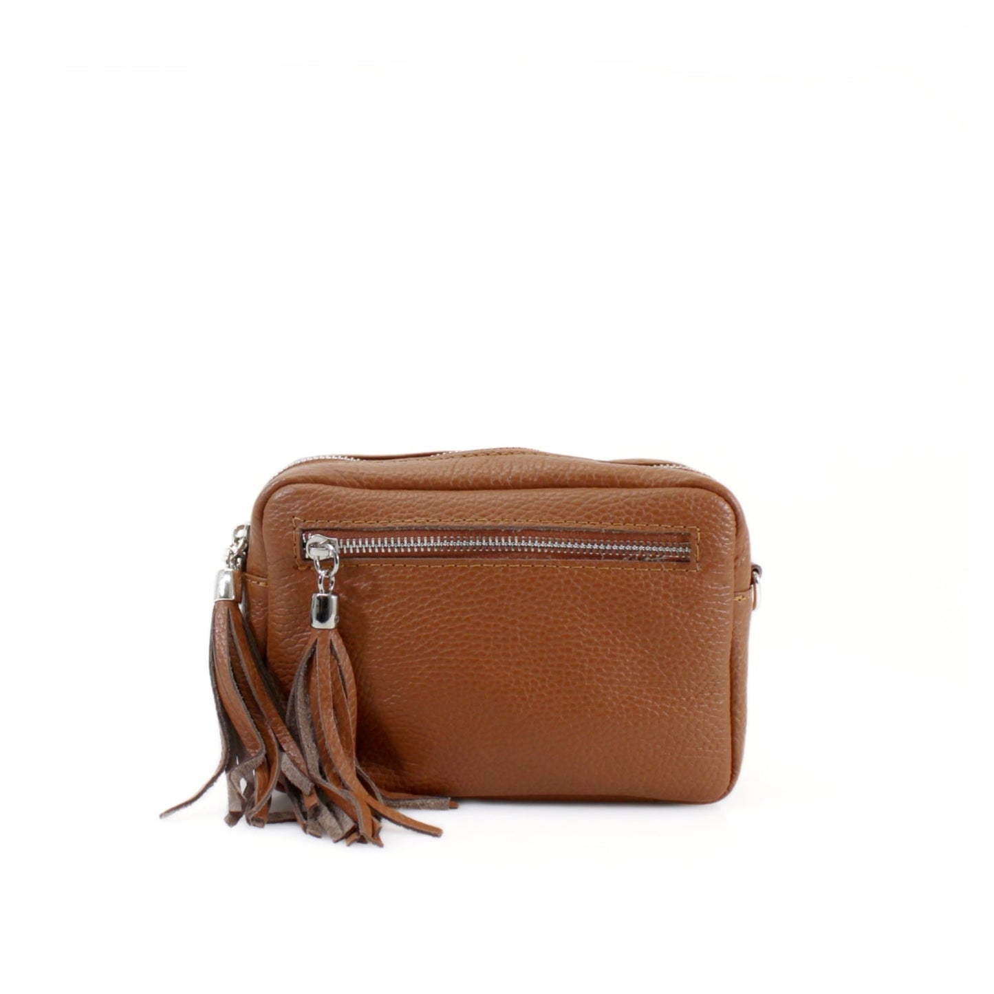Rectangle Leather Tassel Bag with front pocket and adjustable strap, crafted from genuine Italian leather.