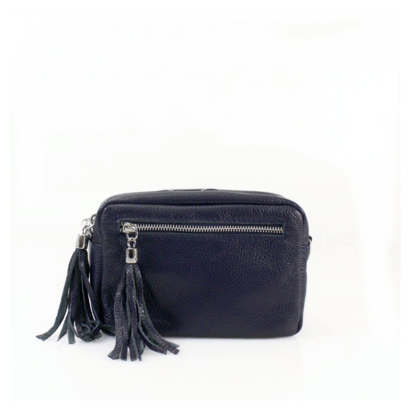 Rectangle Leather Tassel Bag with front pocket and adjustable strap.