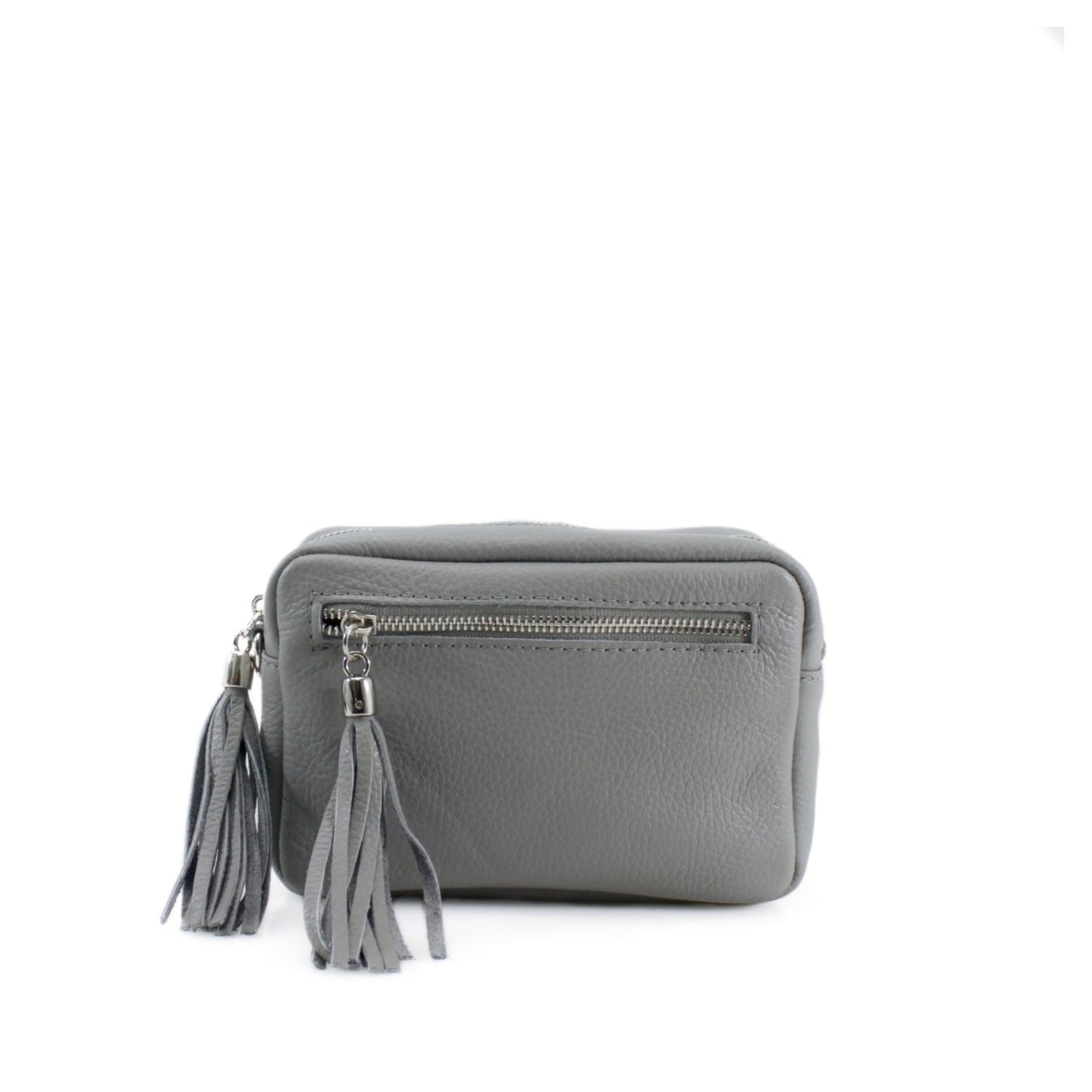 Rectangle leather tassel bag with front pocket and adjustable strap.