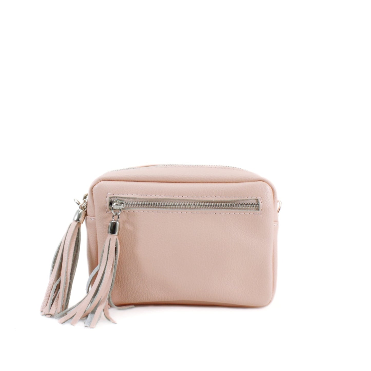 Rectangle Leather Tassel Bag with front pocket and adjustable strap.