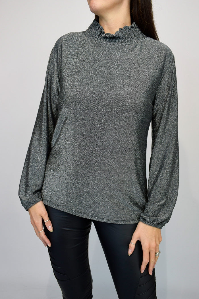Metallic frill neck top with long sleeves in viscose and elastane blend.