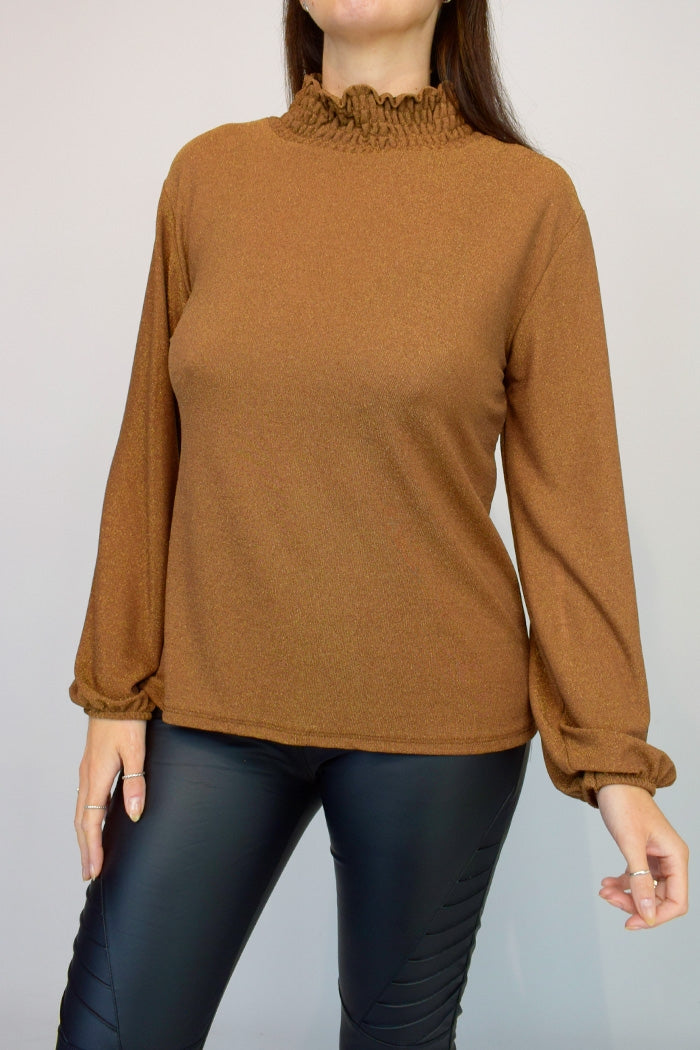 Metallic frill neck top in brown with long sleeves.
