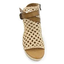 Blowfish Lorrah Gold sandal with braided wedge and cutout upper design.