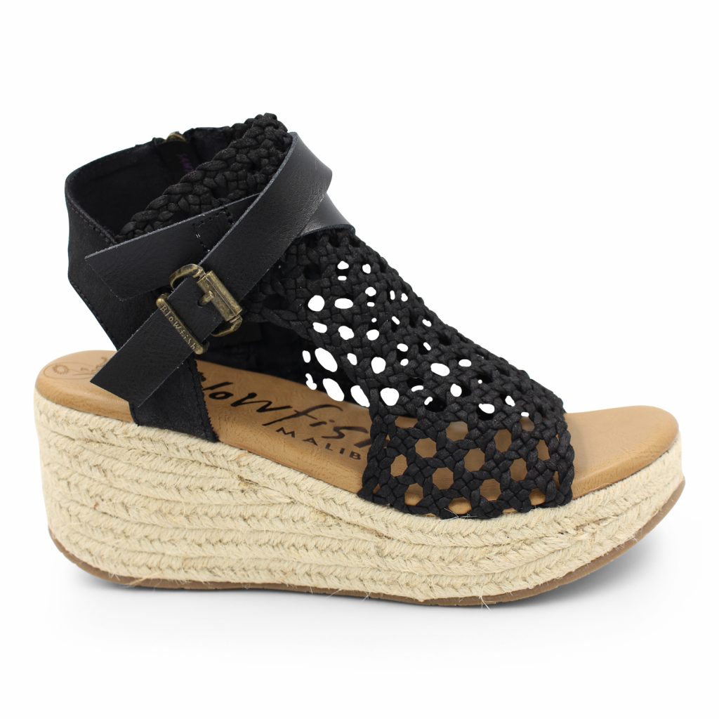 Blowfish Lorrah Black platform sandal with braided wedge and buckle detail.