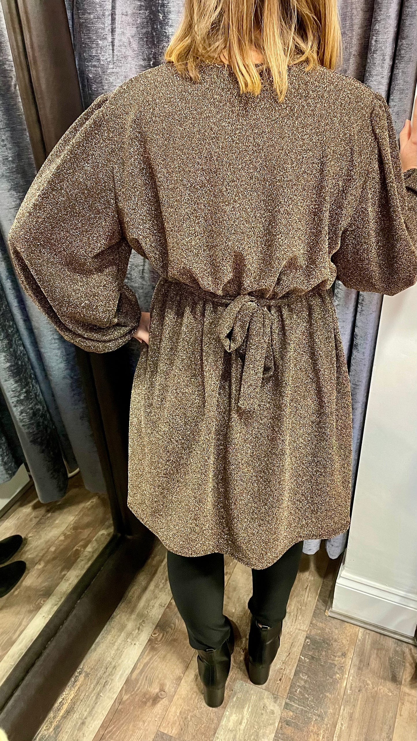 Metallic Thread V Neck Dress with tie-back detail.