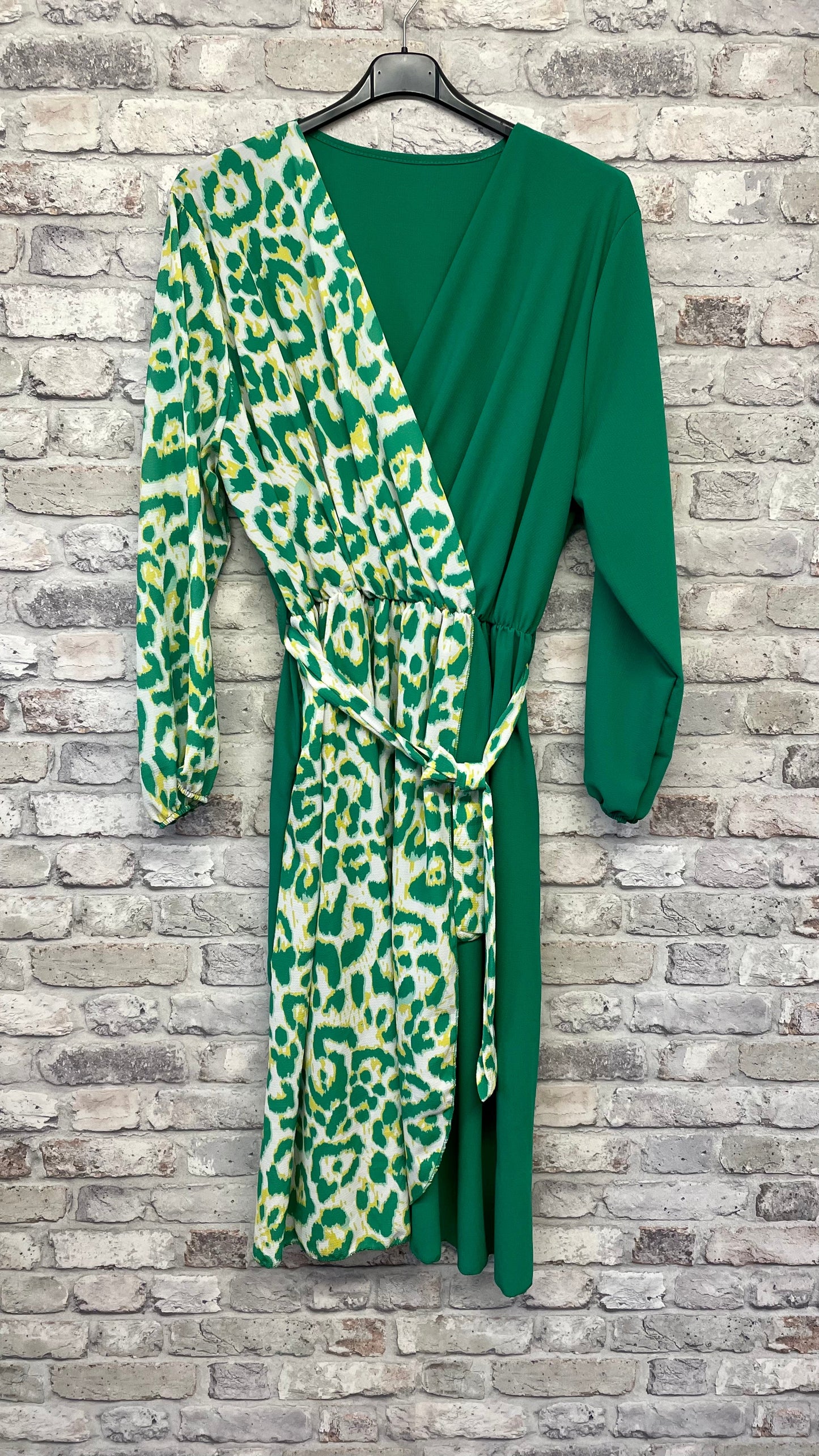 Half Leopard Detail Midi Dress in green and leopard print with polyester and viscose mix.