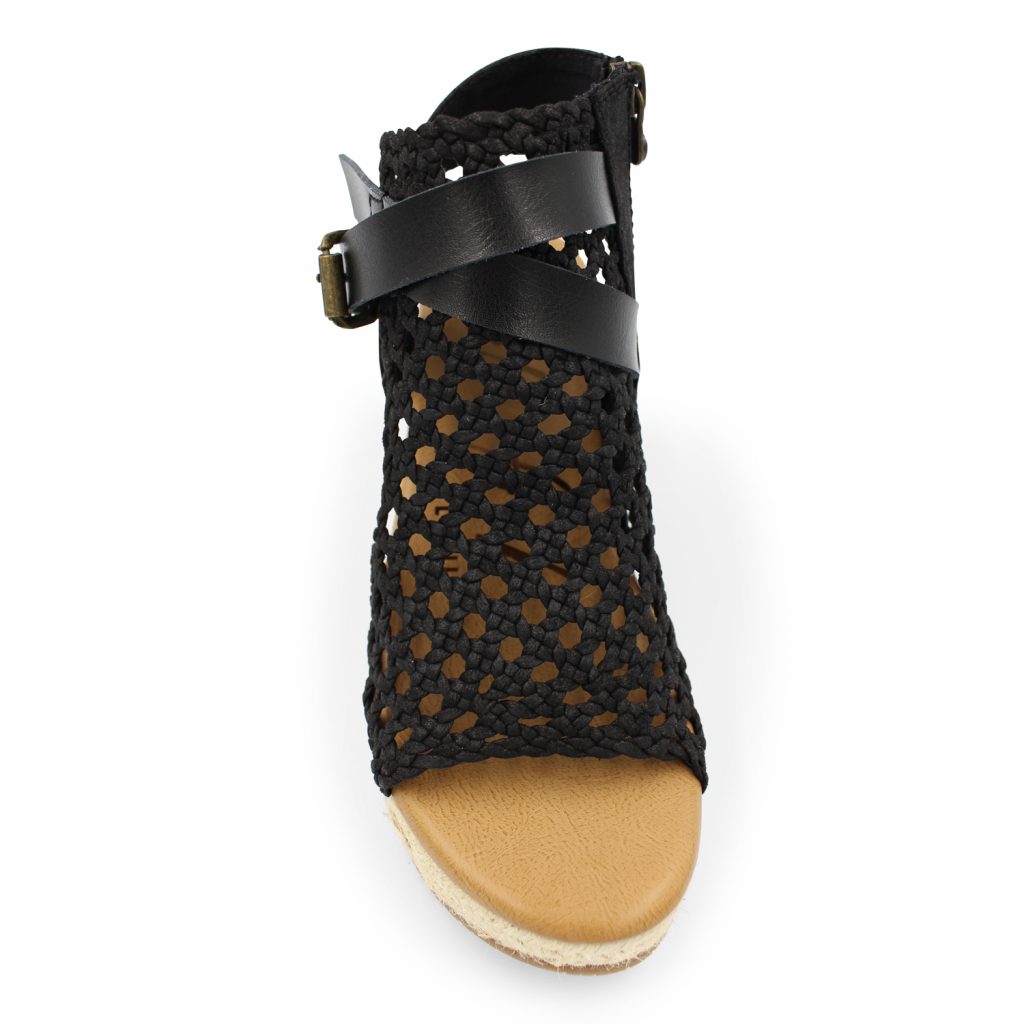 Blowfish Lorrah Black platform sandal with braided detailing and cutout upper.