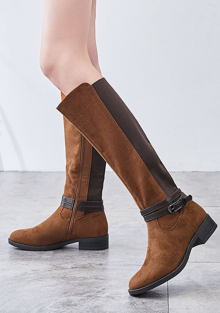 Knee high wide fit boots with buckle detail and zip, brown suede effect.