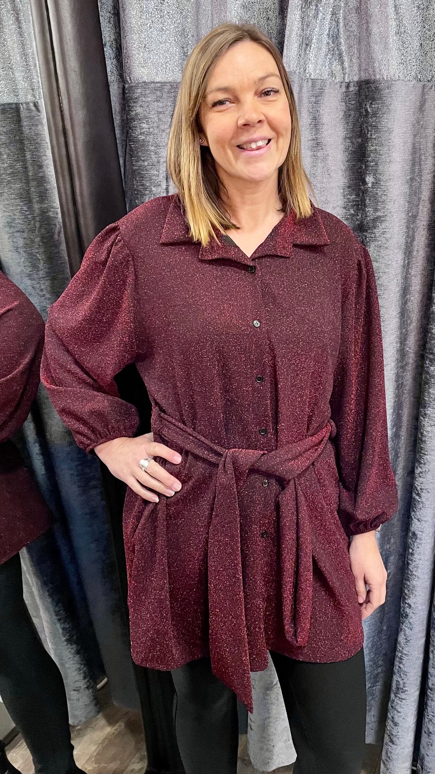 Metallic Thread Long Shirt in burgundy with button-up design.
