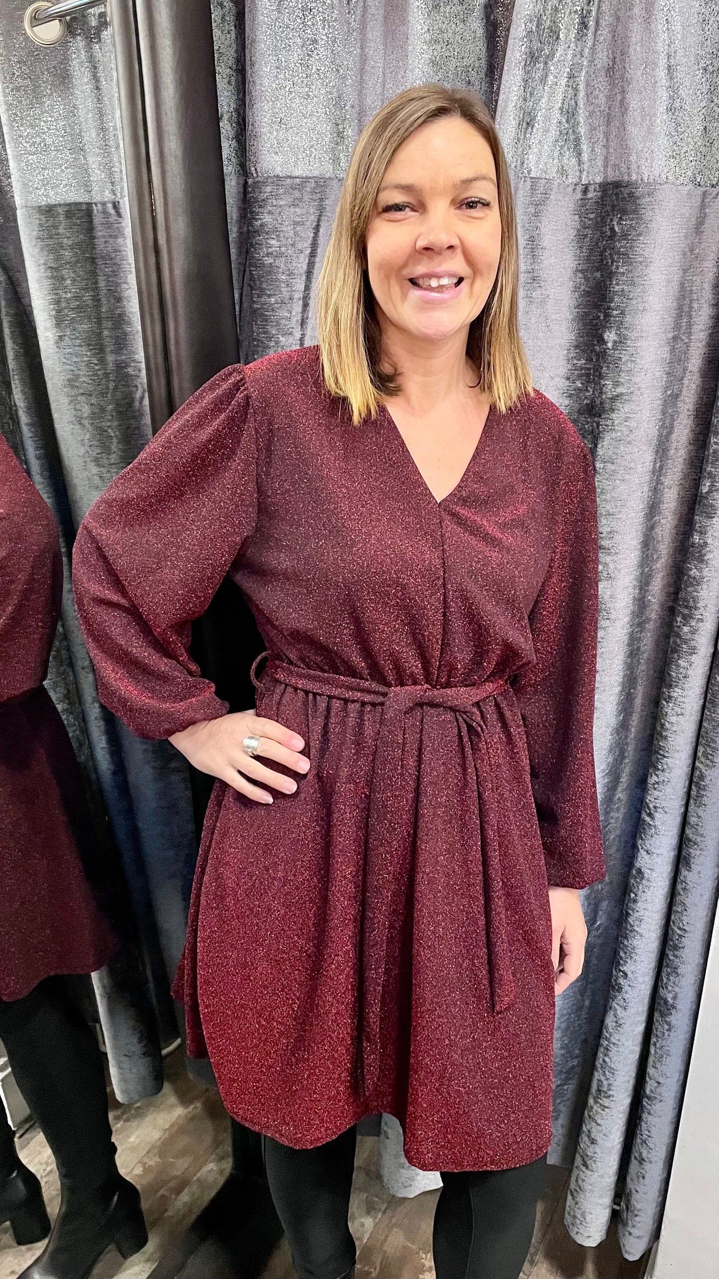 V Neck Dress with Metallic Thread