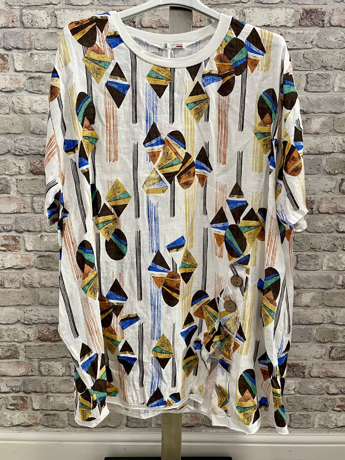 Lagenlook Linen Diamond Slit Tunic with geometric pattern and button detailing.