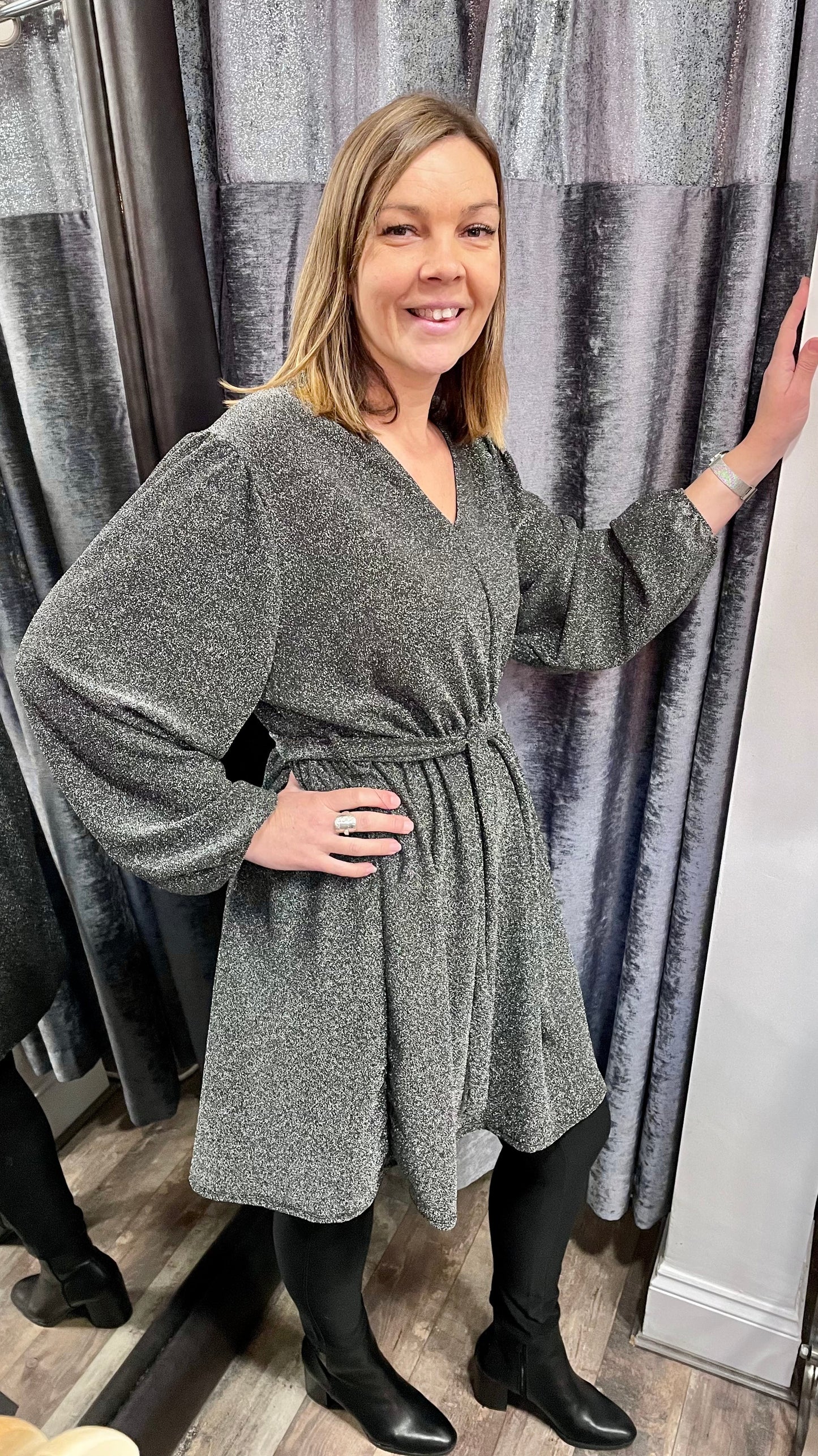 Metallic Thread V Neck Dress with long sleeves