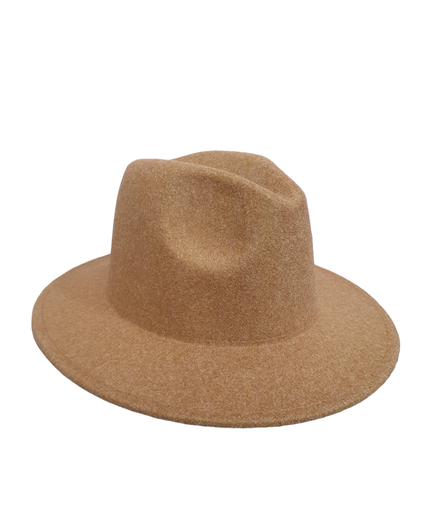 Brimmed felt hat made of 65% polyester and 35% wool.