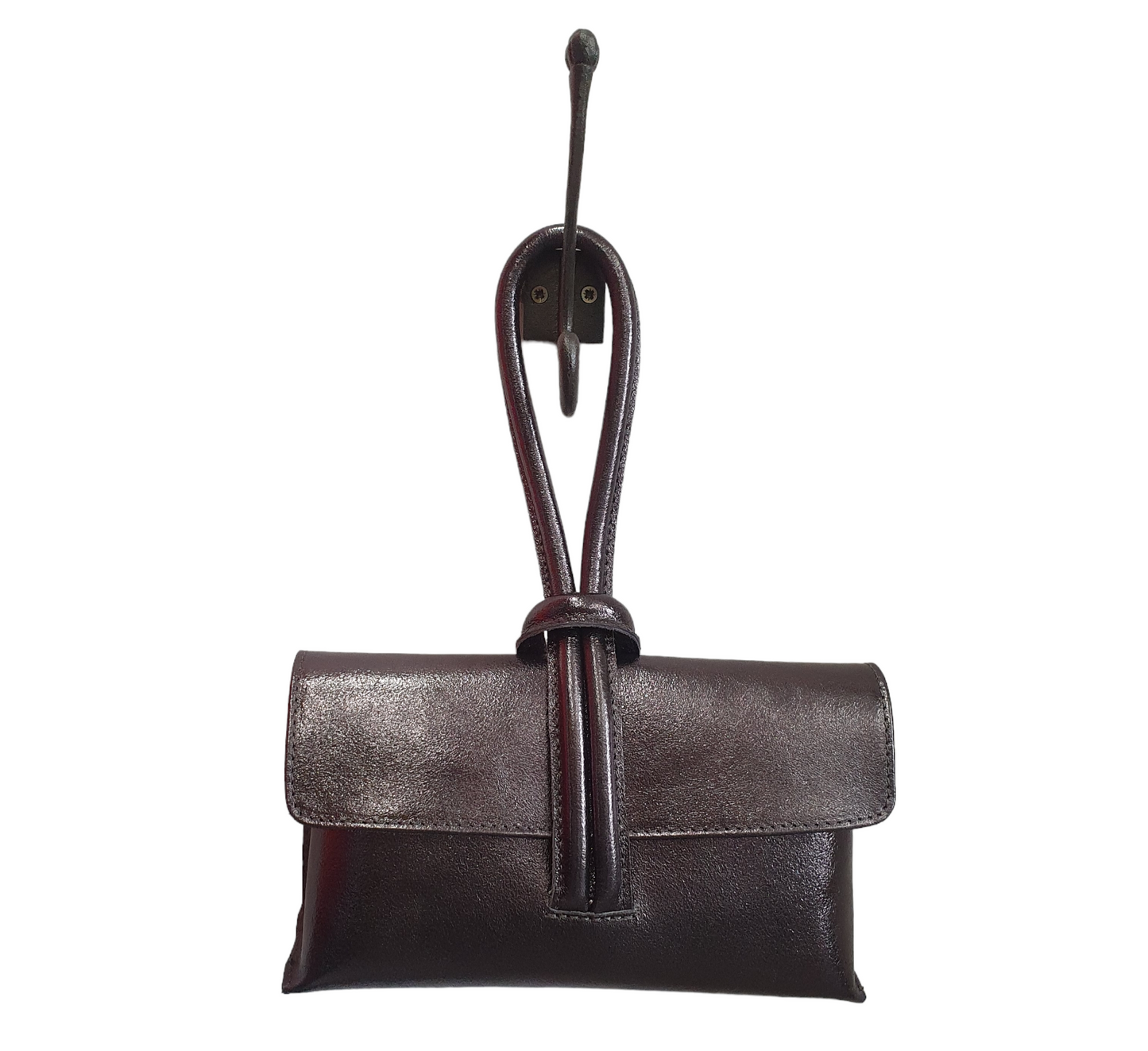 Metallic loop handle leather bag with detachable strap and internal zip pocket.