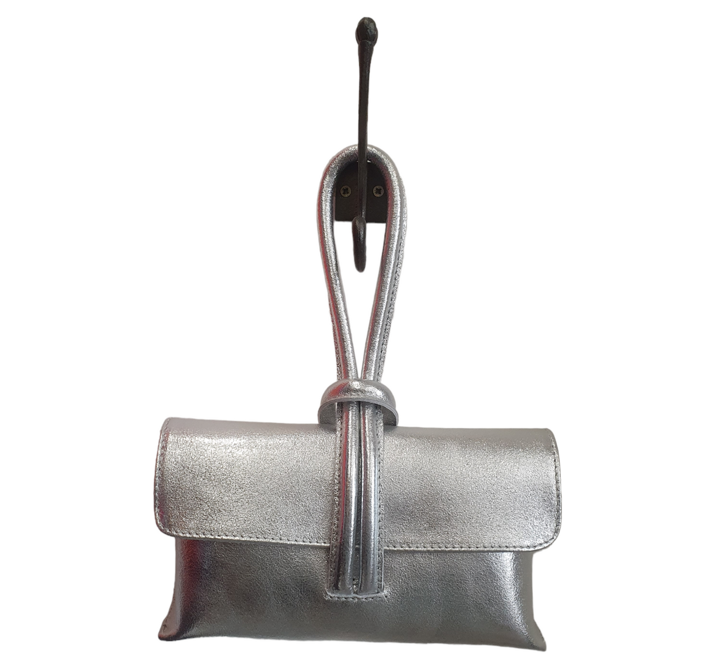 Metallic loop handle leather bag with shoulder strap attachment.