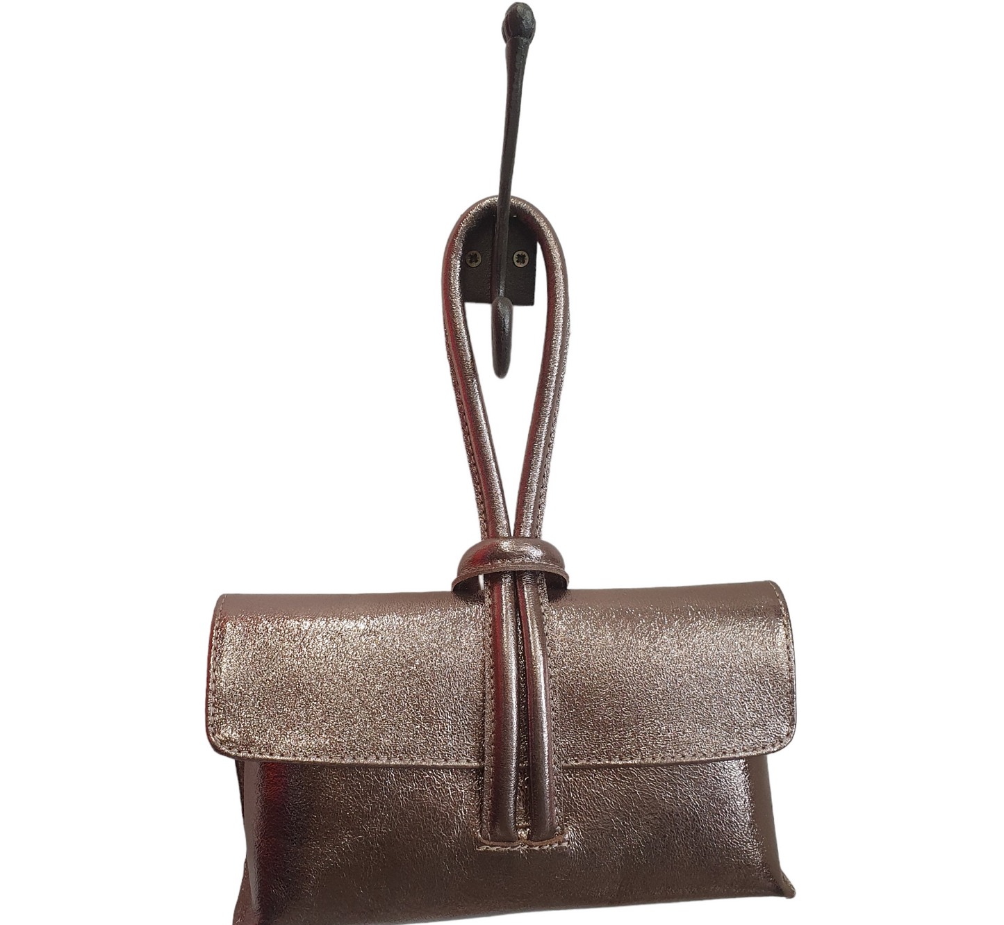 Metallic loop handle leather bag with detachable strap and internal zip pocket.
