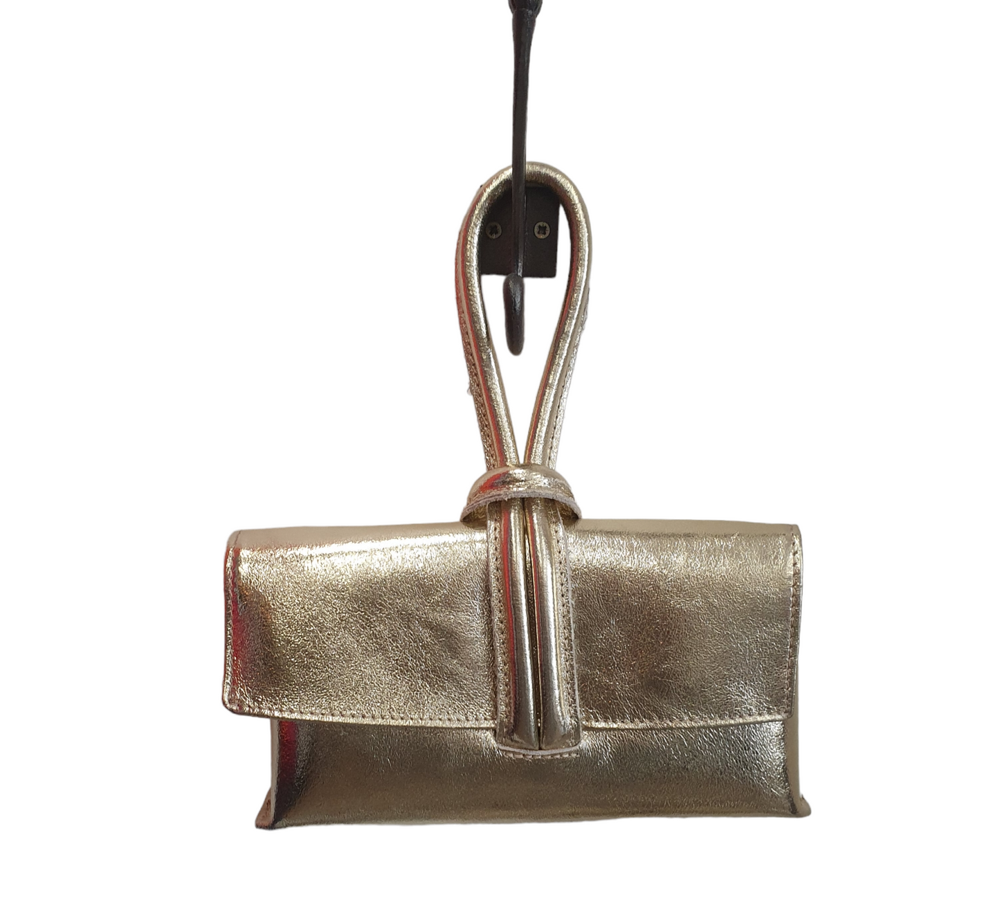 Metallic Loop Handle Leather Bag with detachable strap and internal zip pocket.