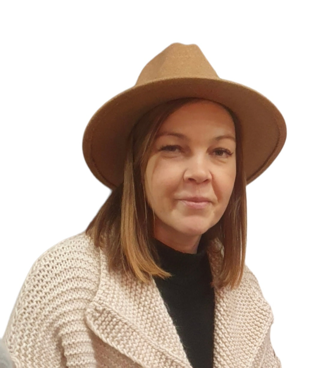 Brimmed felt hat worn by a woman in a knit sweater.